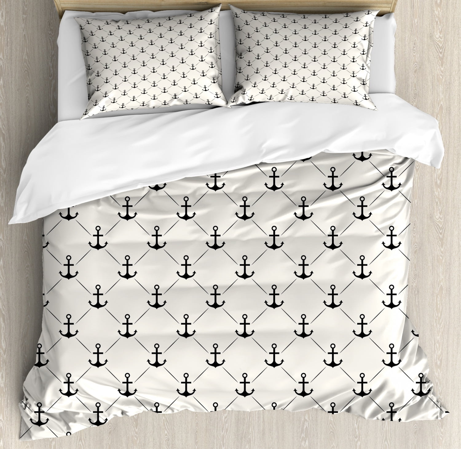 Anchor Duvet Cover Set Queen Size, Abstract Retro Nautical Style Motif