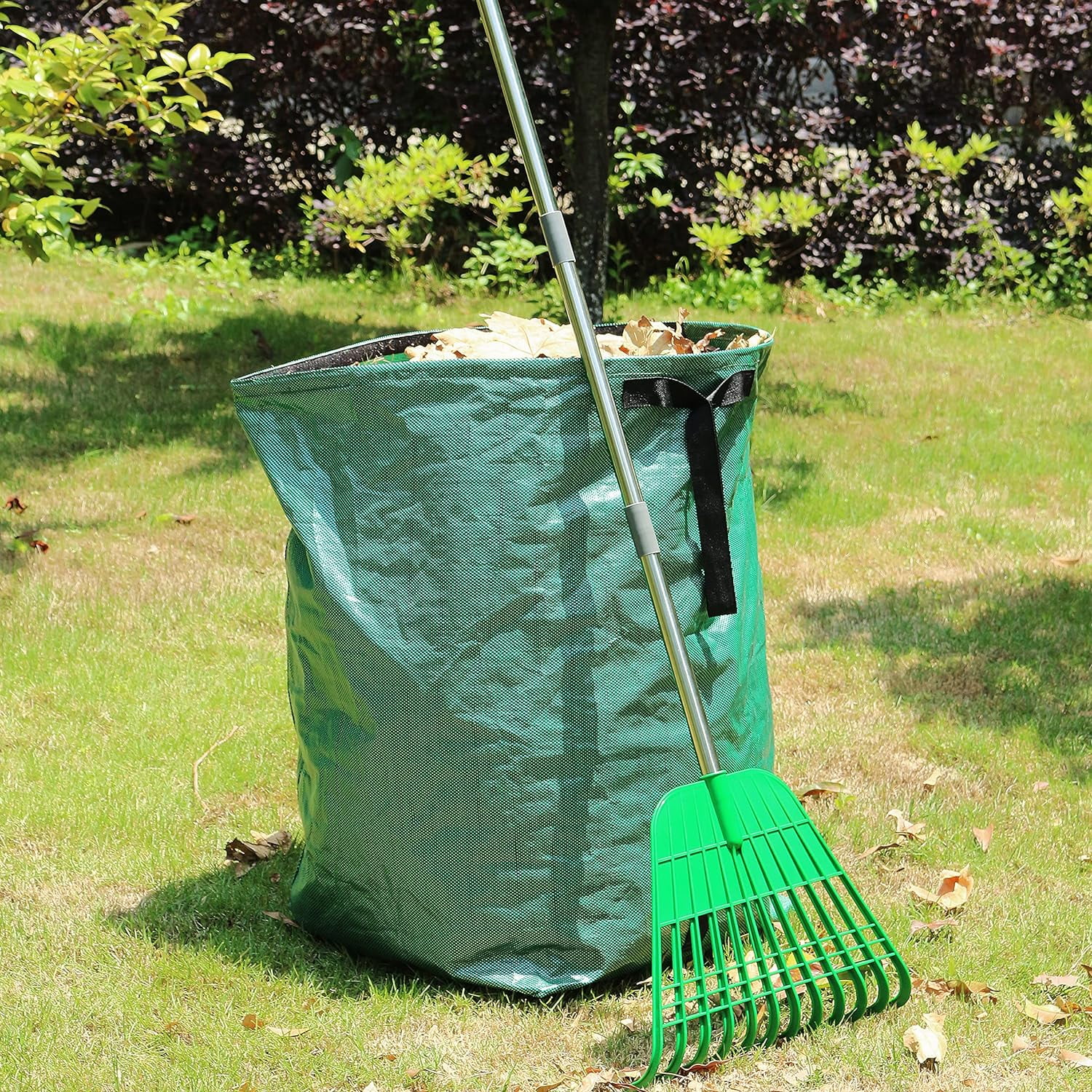 Gardzen 12 Tines Gardening Leaf Rake, Lightweight Steel Handle, Detachable, Ideal Camp Rake, Comes with Dustpan-Type Garden Bag