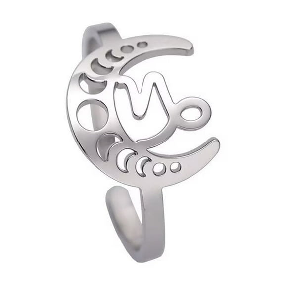 PAMTIER Women's Stainless Steel Creative Moon 12 Constellations Adjustable Wrap Open Ring Silver Capricorn