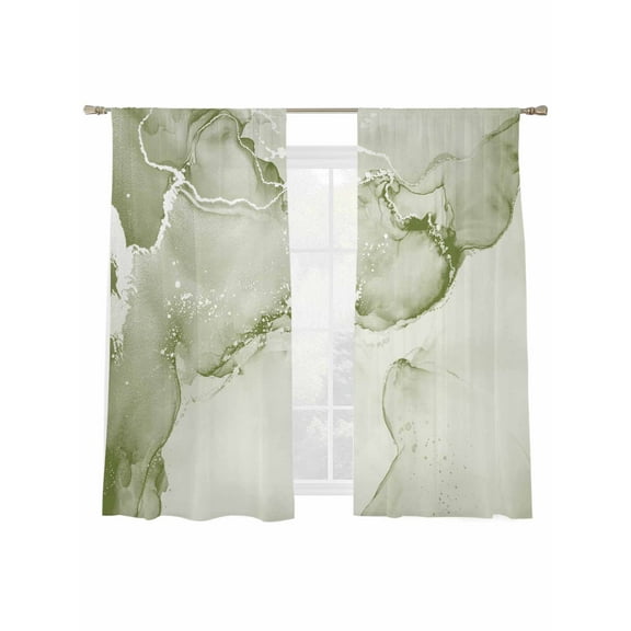 Sage Green Abstract Sheer Curtains 72 Inch Long 2 Panels, Silver Marble Ripples Clouds Luxury Light Filtering Rod Pocket Semi Sheer Curtains, Sheer Voile Drapes for Living Room Bedroom, 52"x72"