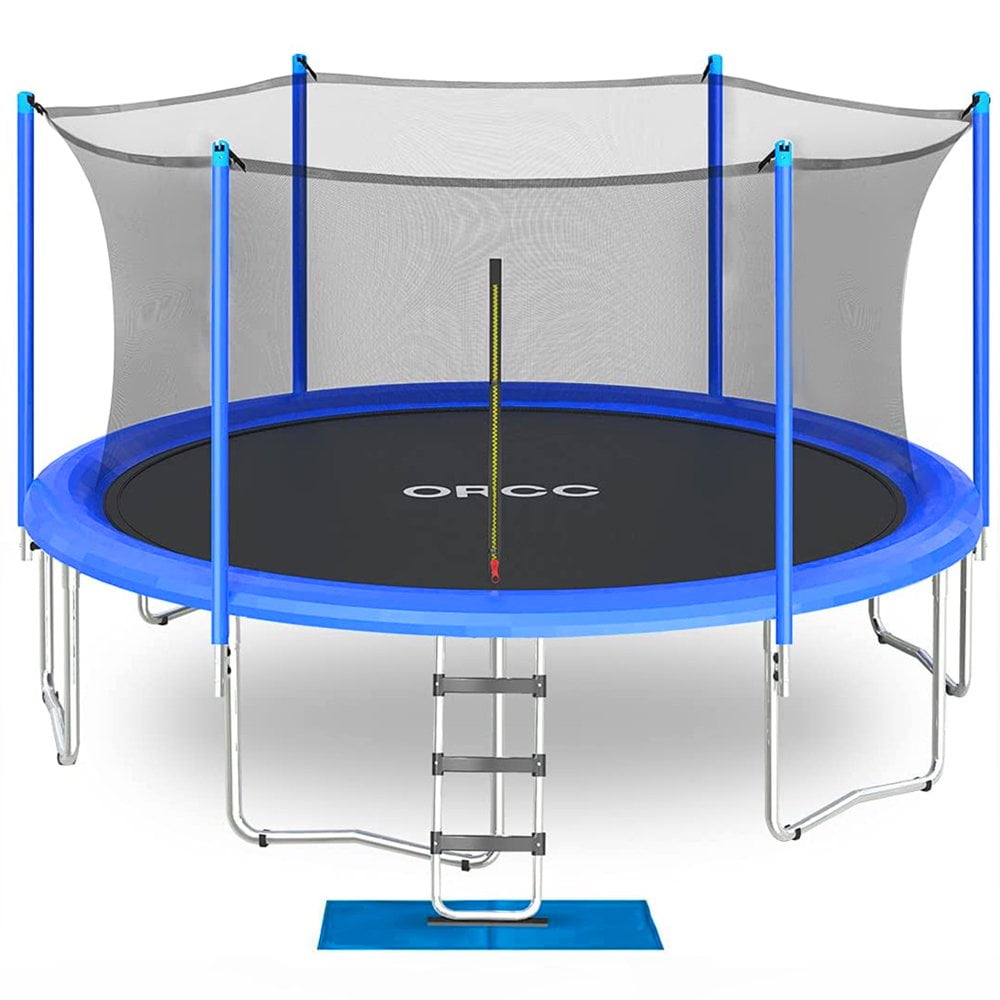 TÜV Certificated Yard Trampoline with Enclosure Net Jumping Mat Spring Pad Wind Stakes Rain Cover and Pull T-Hook Best Gift for Kids ORCC 15 14 12 10FT Kids Trampoline 