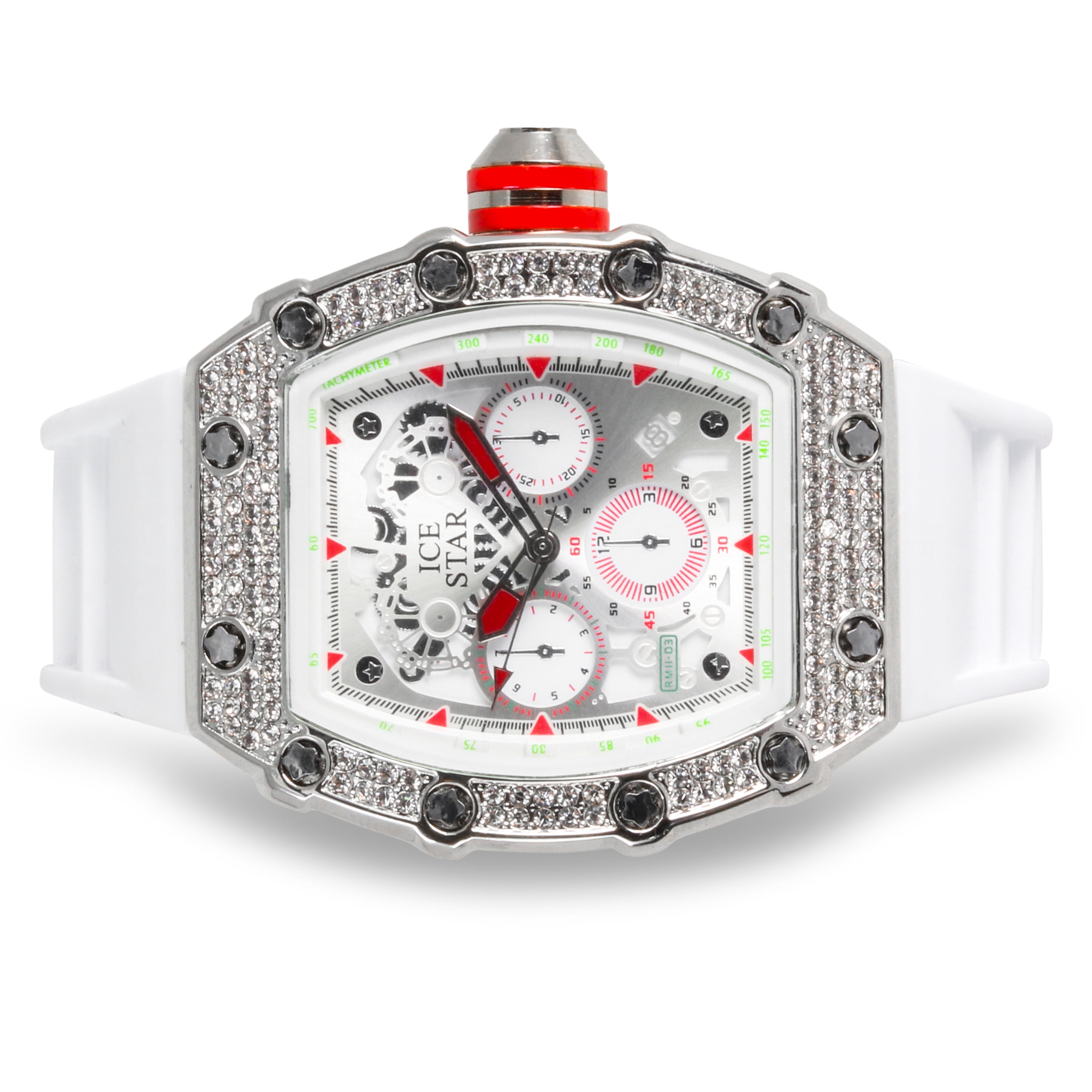 ICE STAR クロノグラフ ダイヤモンド風 Exquisite Men's Tonneau Diamond Watch - Iced Bezel, Chronograph