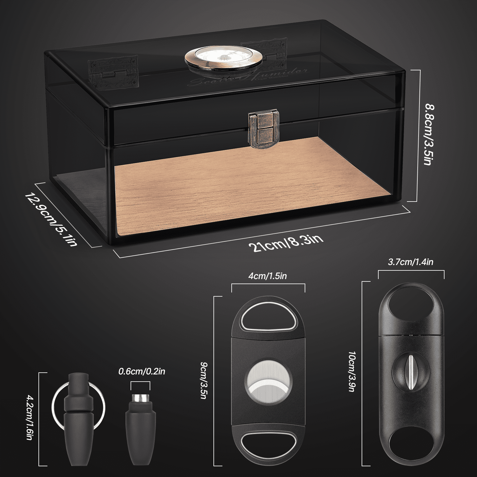 Acrylic Cigar Humidors Cigar Storage Box with Hygrometer and Humidifier, Portable Cigar Travel Case with Cigar Cutters Cigar Punch Accessories,Hold 20 Cigars