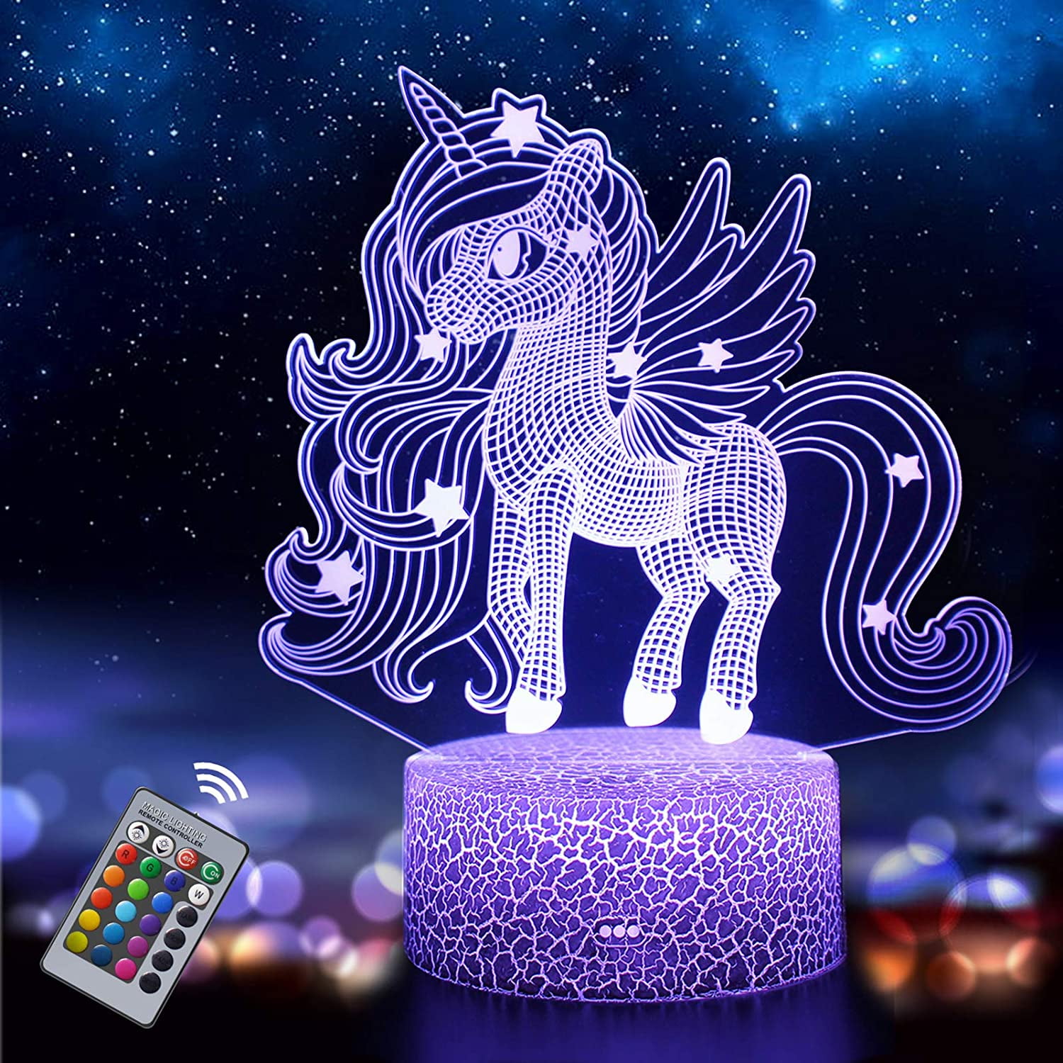 3D Unicorn LED Night Light Remote Control Xmas Gifts For Kids Bedroom Table Lamp 