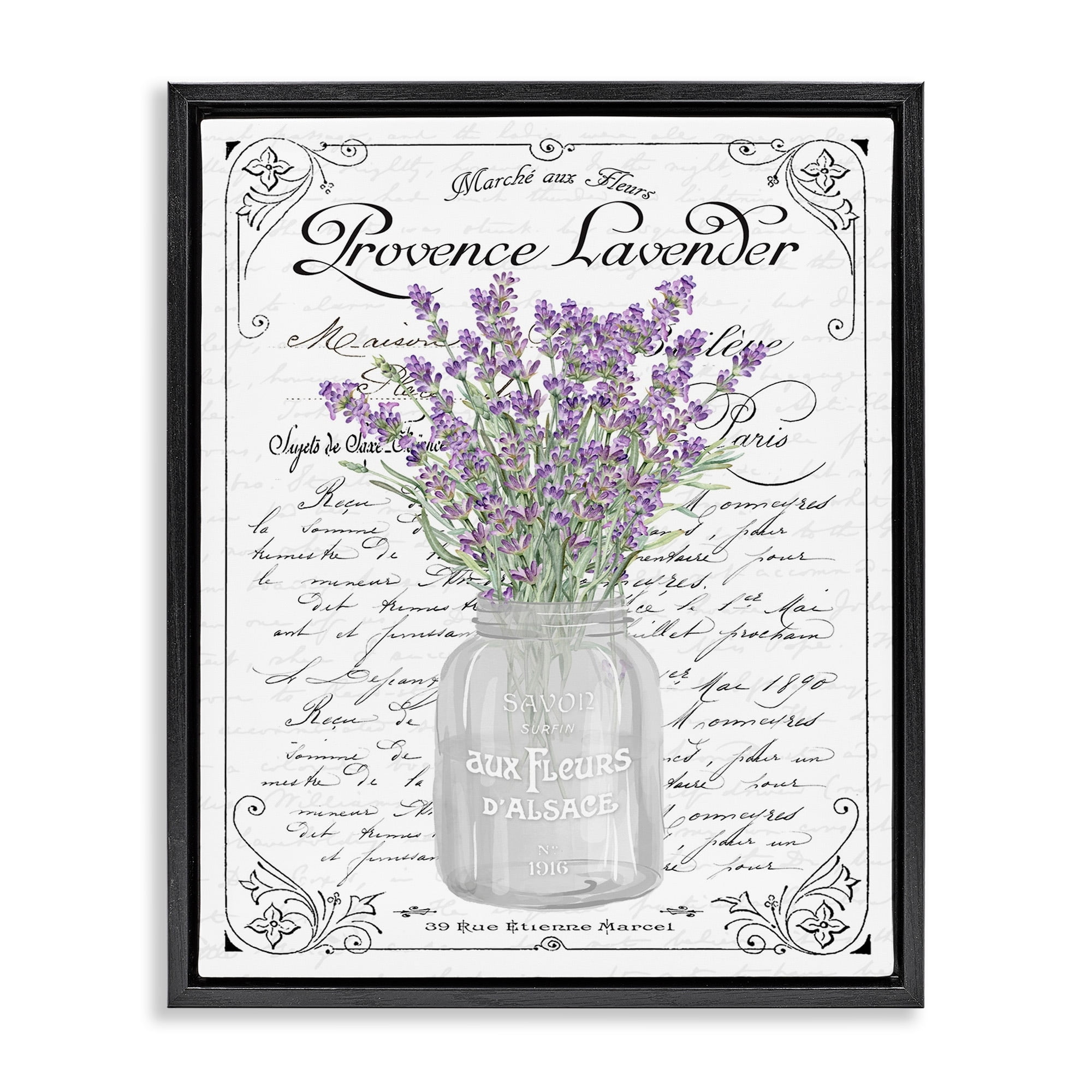Stupell Industries Lavender Sprigs Bouquet Ornate French Script Motif Graphic Art Jet Black Floating Framed Canvas Print Wall Art, Design by Lettered and Lined