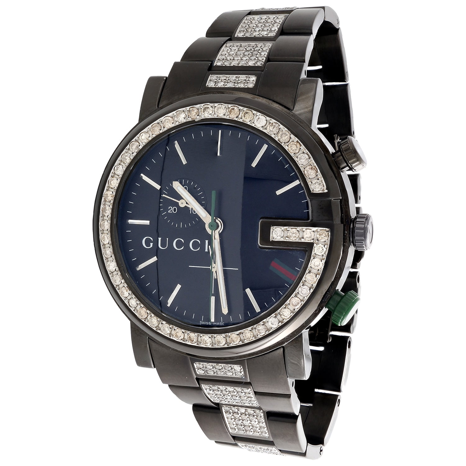 Gucci Diamond Watch Mens 6 Ct. 101G Ya101331 Black PVD Chronograph Iced