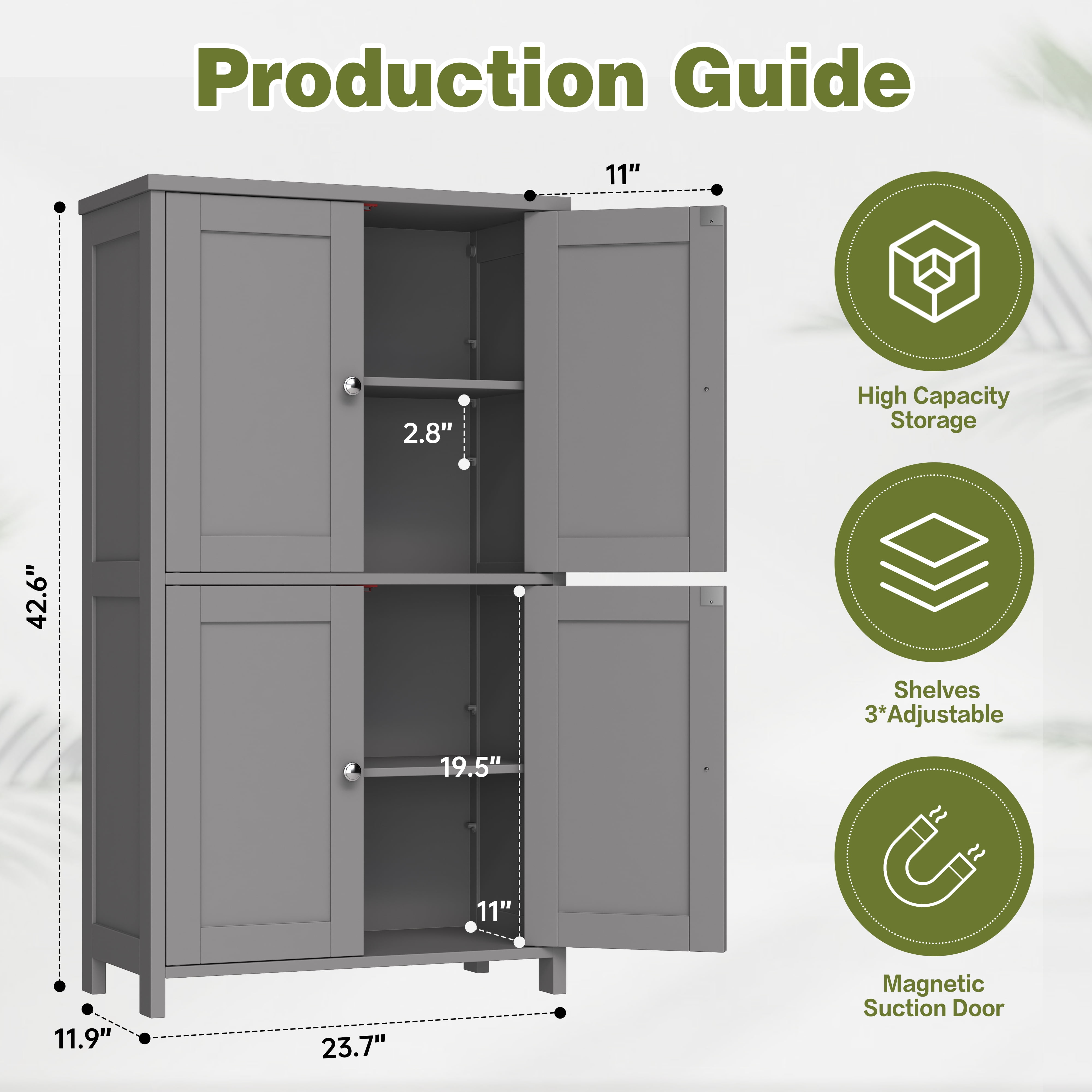 Bathroom Storage Floor Cabinet Organizer with Adjustable Shelf 4 Magnetic Doors 43" Wooden Pantry Cabinet Freestanding for Kitchen Living Room Small Spaces,Gray