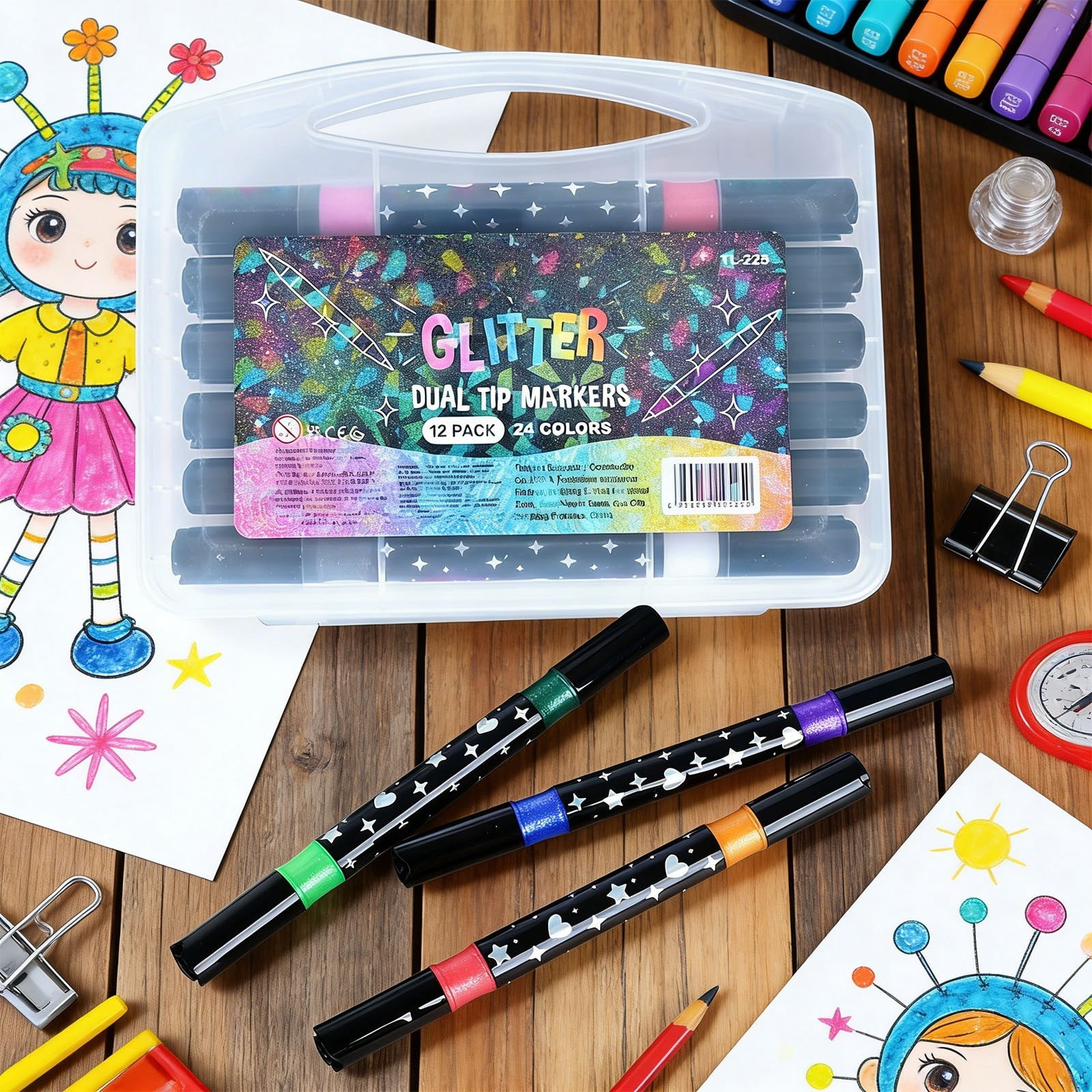 Glitter Marker Pens, Xinsrenus High-Brightness Overstriking Pearlescent Glitter Pens, 12Pcs Multicolor Non-Bleeding Fluorescent Markers for Student Notebook Journal Doodle