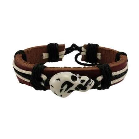 Brown Leather Cord Bracelet - Brown Leather Carved Skull Bead Cord Bracelet