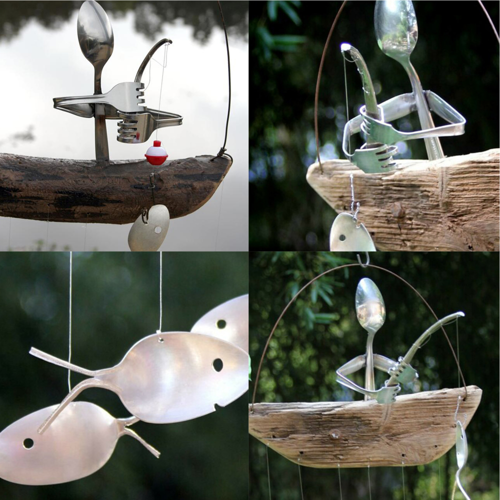 Fishing Man Spoon Fish Sculptures Wind Chime Indoor Outdoor