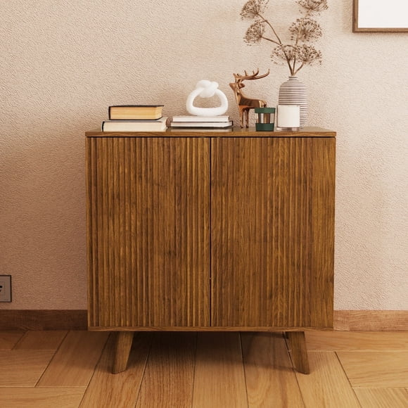 Wirrytor Fluted Walnut Sideboard Buffet Cabinet with 2 Doors, Wood Accent Storage Cabinet, Small Credenza Cabinet for Kitchen Dining Living Room Entryway(Walnut)