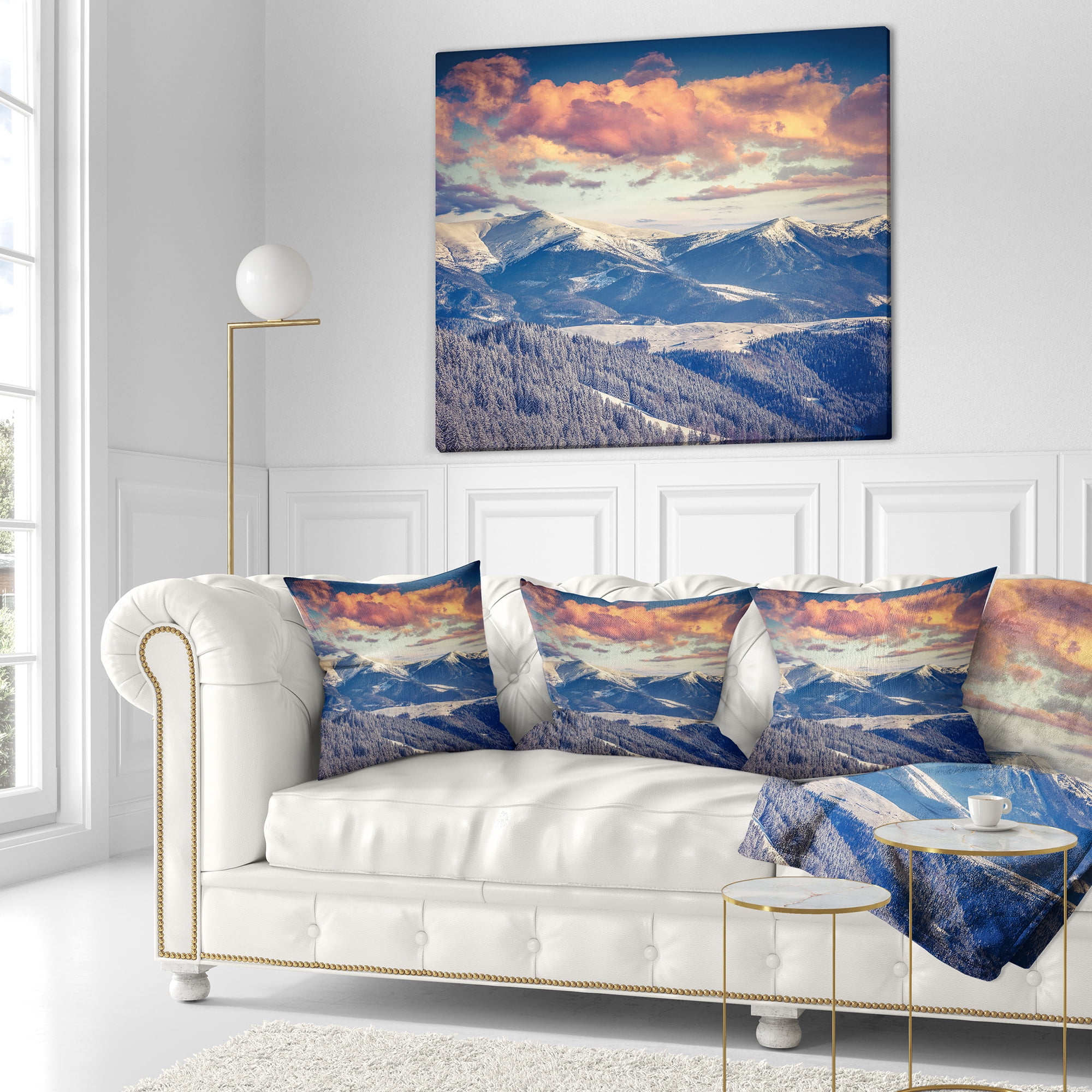 Designart Winter Alpine Sunset over Hills - Landscape Printed Throw Pillow - 16x16