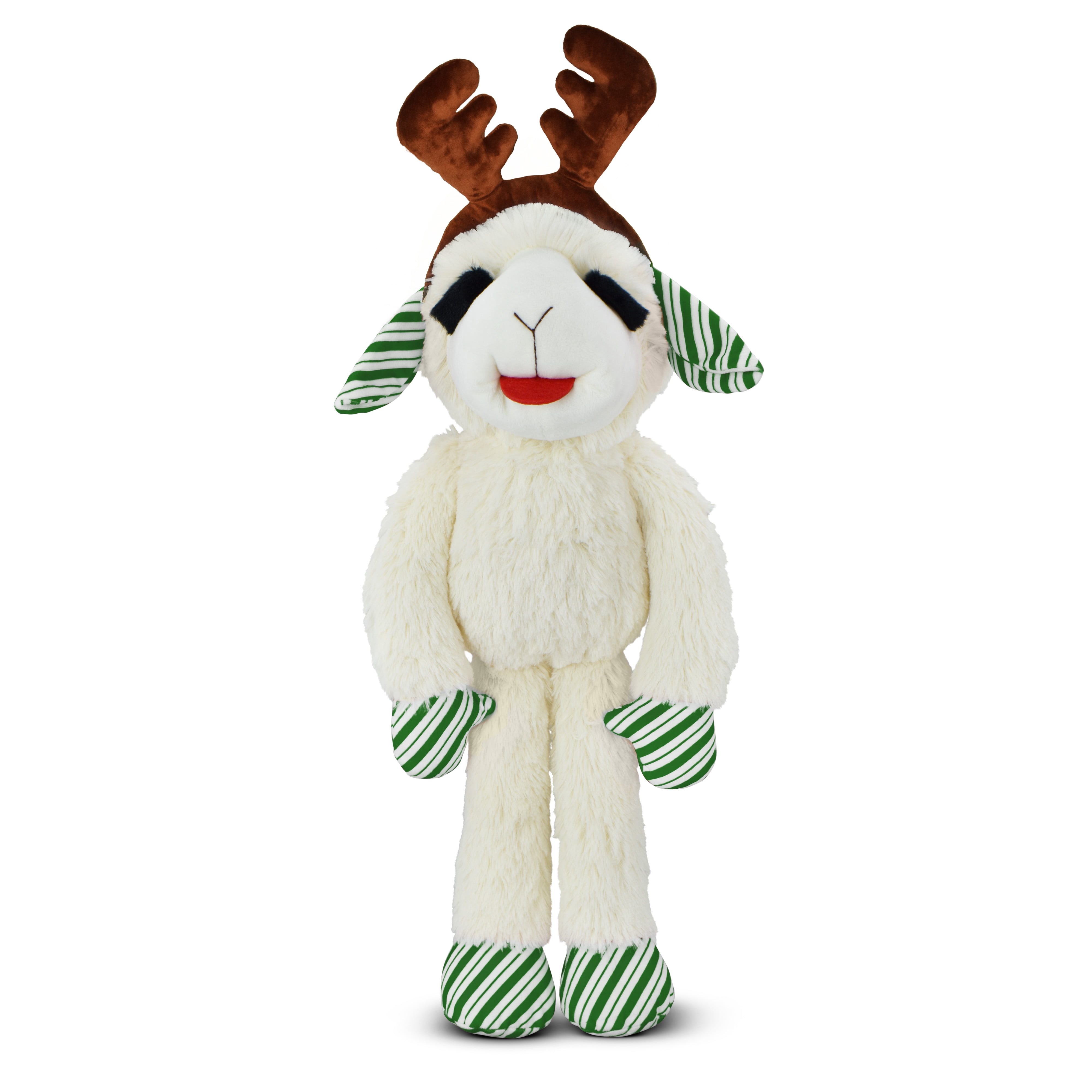 Multipet Plush Jumbo Holiday Lamb Chop Reindeer Dog Toy, Squeaker, Green and White Striped Paws with Reindeer Antlers, 19"