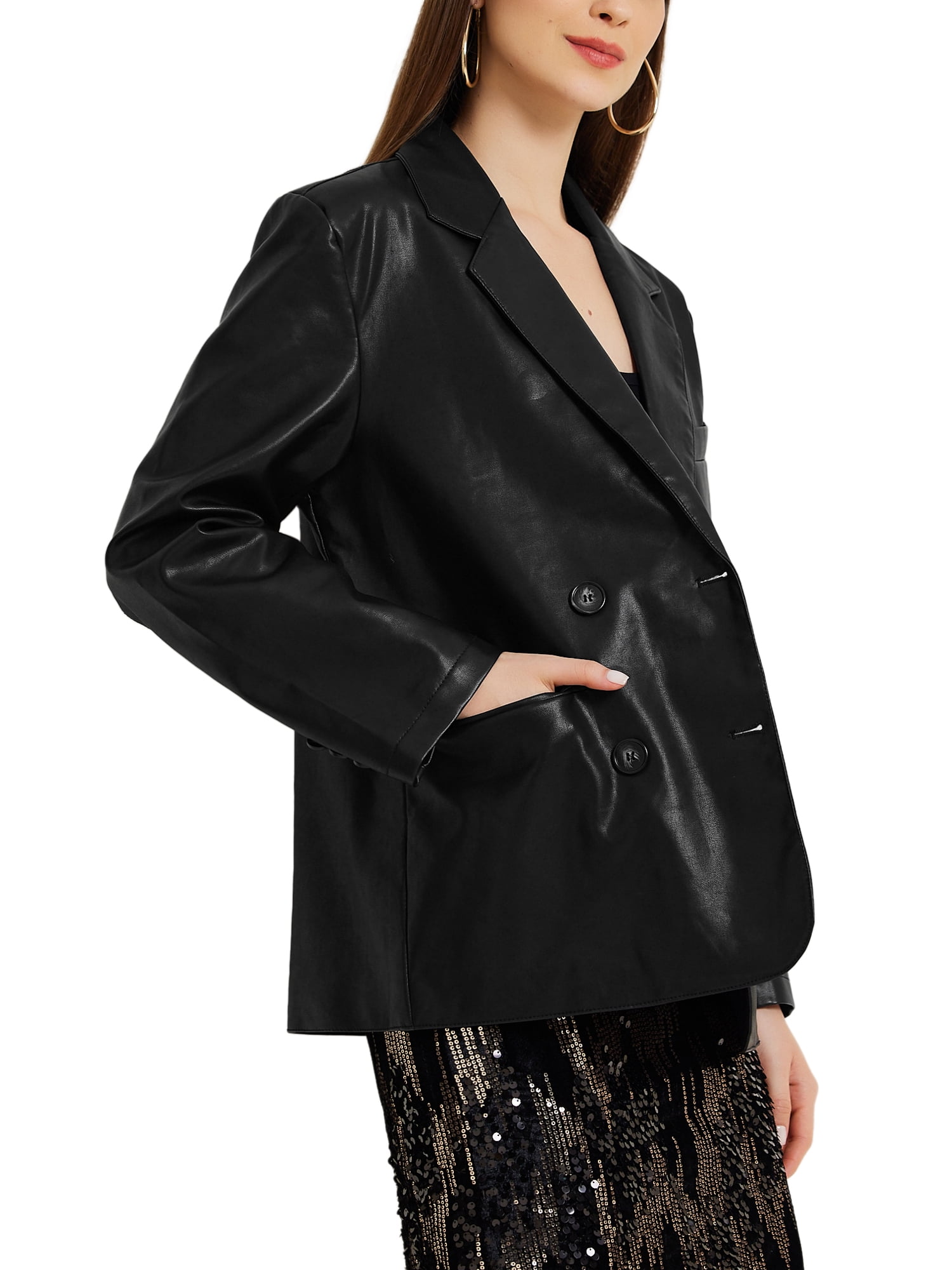 INSPIRE CHIC Women's Faux Leather Blazer Pockets Notch Lapel Work Casual Fall Winter Coat L Black