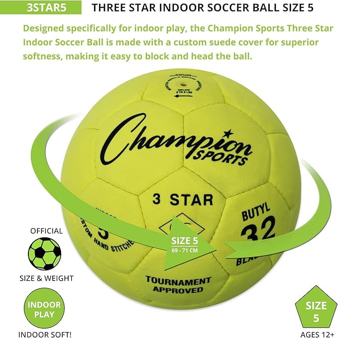 Champion Sports 3 Star Indoor Official Size 5 Soccer Ball with Custom Suede Cover
