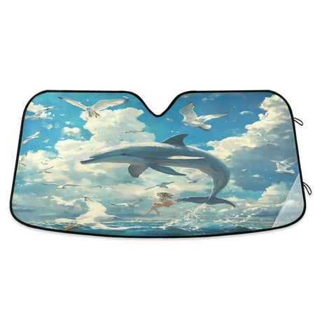 WOBOGO Dolphins Collide with Seagulls Car Windshield Sunshades Autopilot Lightweight Accordion Sun Visor 57×31.5in