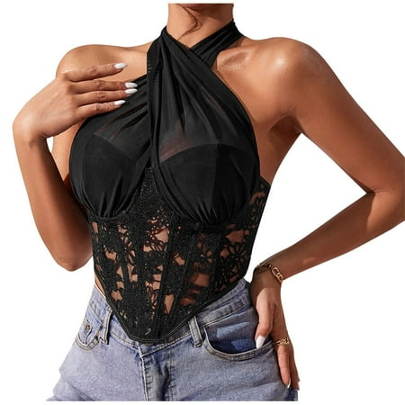 

EHTMSAK Teddy Lingerie for Women Sexy Floral Mesh Halter Babydoll Teddy Lingerie Bodysuit Black L
