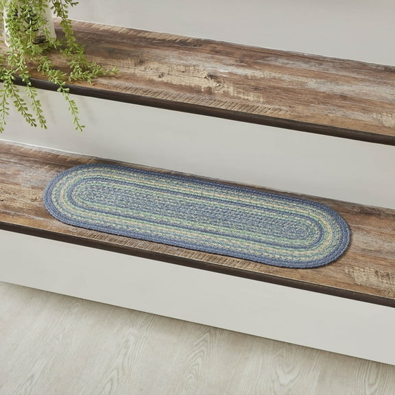 VHC Brands Jolie Farmhouse 8.5"x27" Stair Tread Blue Textured Jute Striped Latex Backing Oval Floor Decor