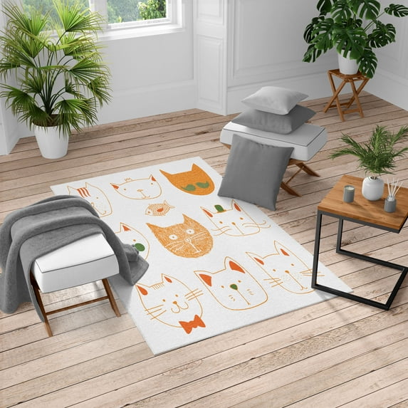 Cat Turkish Area Rug, Pets Moustache Bow Tie Hat Crown Fluffy and Fish Humor Faces Graphic, Soft Carpet for Living Room Decor with Distressed Look, 2.6' x 5', Marigold Green, by Ambesonne
