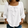 thumbnail image 3 of Lenpel Womens Fall Tops Trendy Bow Front Square Neck Blouses Balloon 3/4 Sleeve Casual Loose Lightweight Shirts, 3 of 6