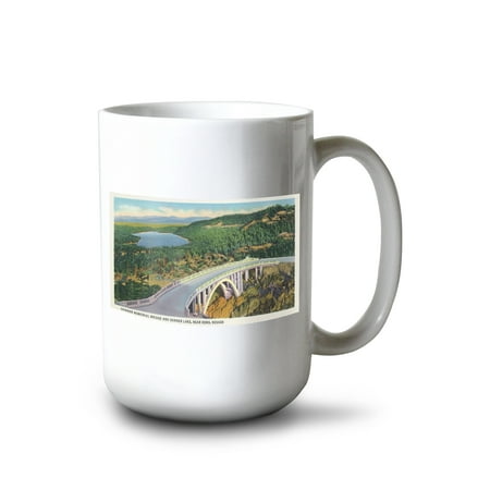 

15 fl oz Ceramic Mug Donner Lake Nevada Aerial View of the Lake and the Donner Memorial Bridge Dishwasher & Microwave Safe