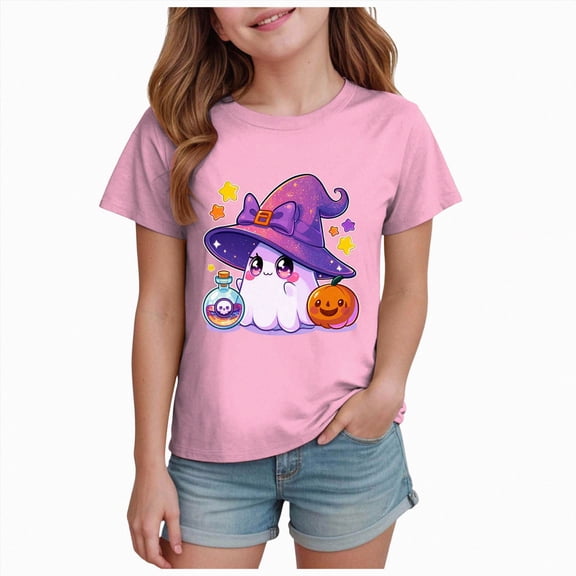 mgoYE Boys Girls Halloween Tee Shirt Pumpkin and Ghost Print Short Sleeve Graphic Top Size 7-8 Years