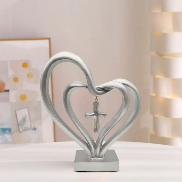 Escultura de corazón de resina para escritorio | Dos corazones con diseño de cruz | Regalo de San Valentín para ella, decoración para el hogar y la oficina | Marrón o plateado