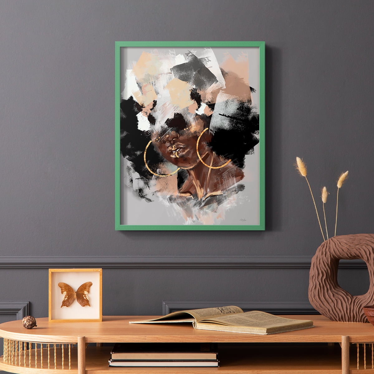 Afro Pop Framed Print in Green Solid Wood Framed Print No Nail Hanging