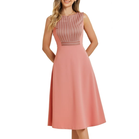 Allegra K Women's Striped Crew Neck Sleeveless Midi Work Office Dress Pink M