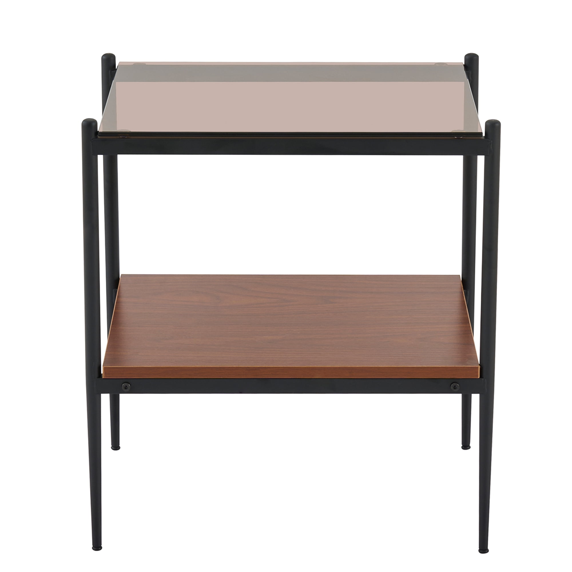 Set of 2 Modern Brown Glass Rectangle End Tables, Tempered Glass Top with MDF Storage Shelf & Iron Legs for Living Room Bedroom