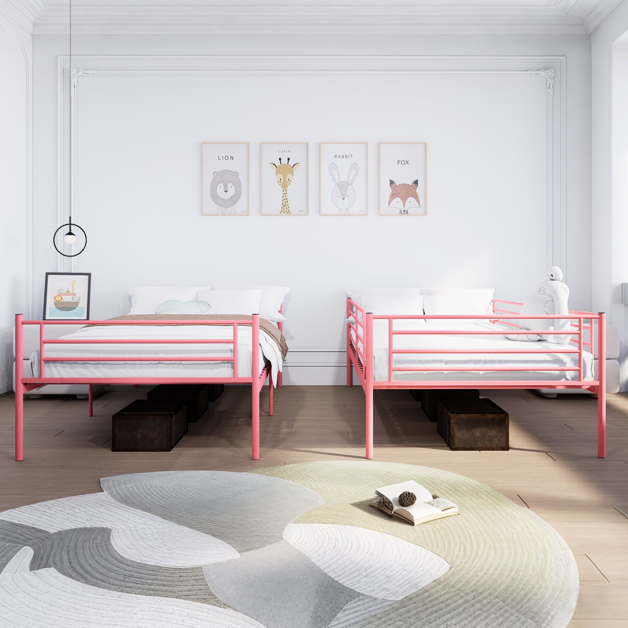 Mintazer Twin Over Twin Metal Bunk Bed, Convertible Bunk Bed Frame Separate into 2 Twin Beds with Guardrail, Pink