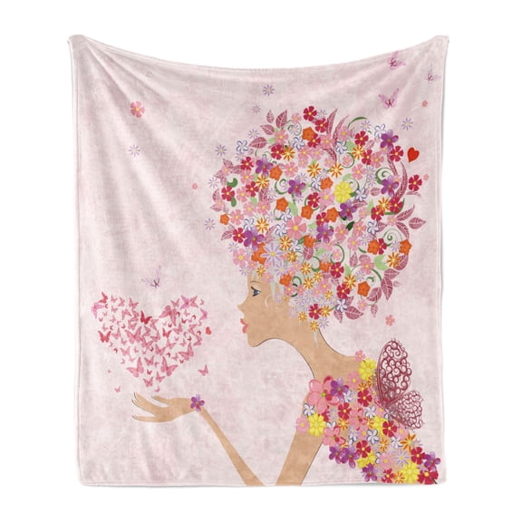 Pink Soft Flannel Fleece Throw Blanket, Fashion Flowers Girl with Heart of Butterflies Wings Spring Theme Hand Drawn, Cozy Plush for Indoor and Outdoor Use, 60" x 80", Multicolor, by Ambesonne