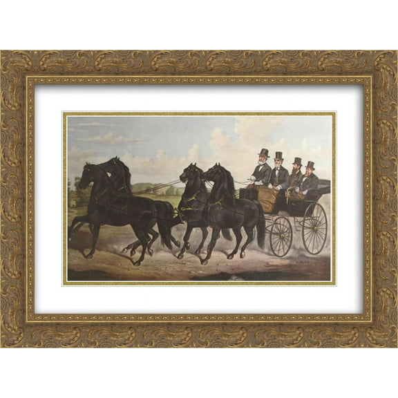 Currier and Ives 2x Matted 24x18 Gold Ornate Framed Art Print 'The Celebrated Four in Hand Stallion Team '