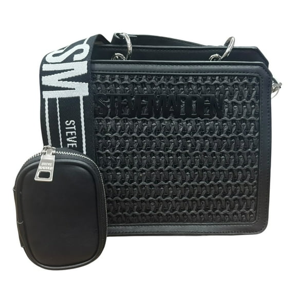Bolsa Shoulder Bevelyn-s Steve Madden color negro, mide 24 cm de ancho por 19 cm de alto, con dos asas ajustables y desmontables. Incluye monedero con medidas 10 x 7 x 2 cm