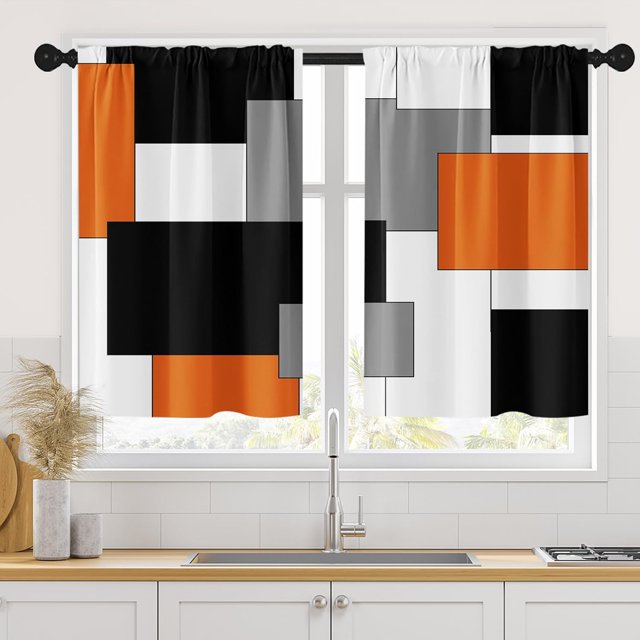 Orange Kitchen Curtains 36 Inch Length Black Grey White Window Curtains Over Sink Set of 2, Modern Short Tier Curtain for Kitchen, Abstract Geometric Art Small Kitchen Decor 26x36 Inch