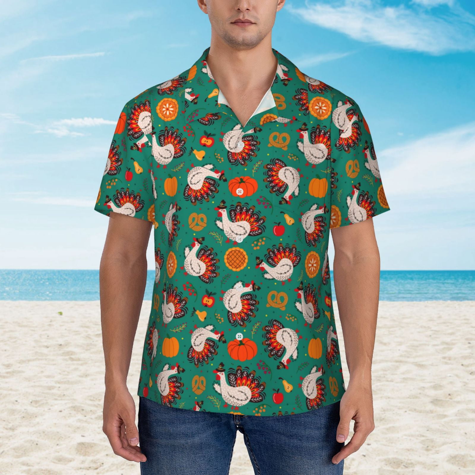 Logiee Turkey And Thanksgiving1 Print Mens Hawaiian Shirts,Loose-Fit Short Sleeve Button Down Tropical Aloha Beach Shirt,Summer Vacation Wedding Tops,3X-Large