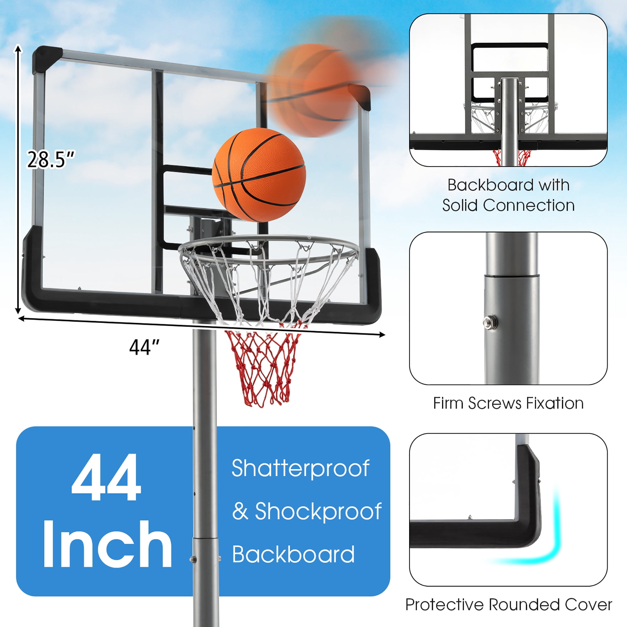 Costway 64''-79'' Height Adjustable Poolside Basketball Hoop Goal System with44'' Backboard Black