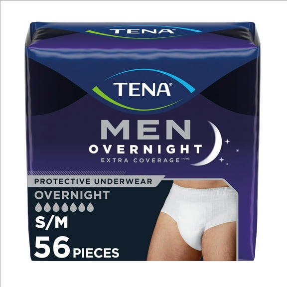 TENA Men Incontinence Underwear, Overnight Absorbency, Extra Coverage, Comfortable Fit, Disposable, Small/Medium (S/M), 56 Count