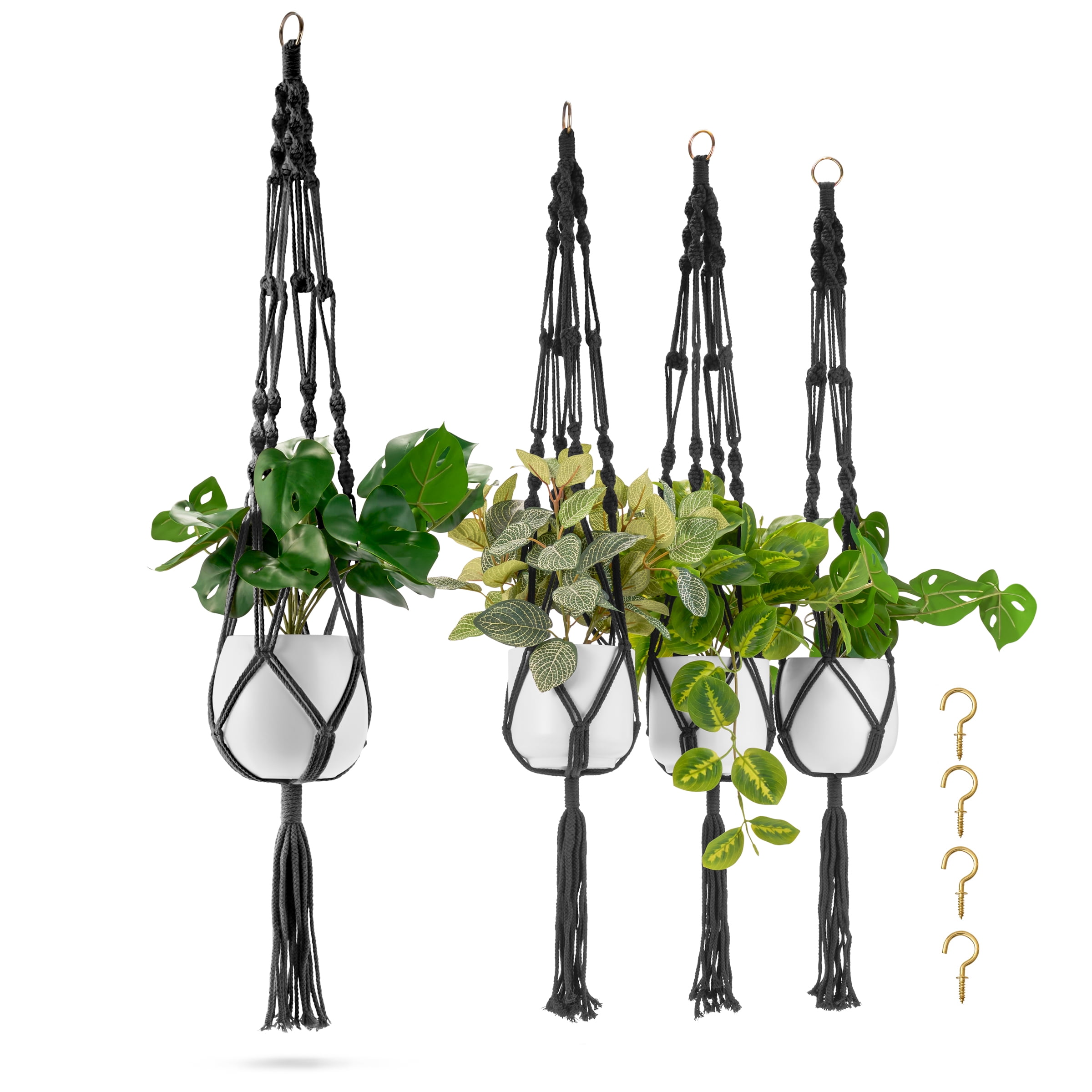 Sorbus Macrame Plant Hanger 4-Pack – Black Cotton Rope Hanging Planters for Indoor/Outdoor Use – Boho Decor for Home, Patio, or Garden – Fits Small to Medium Plant Pots