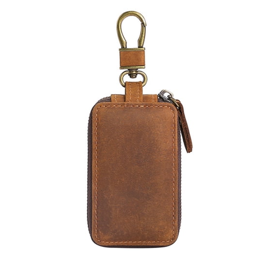 NATEFEMIN Compact Key Bag Leather Keychain Holder Wallet for Car House Keys Zipper Closure Two Layer Small Pouch