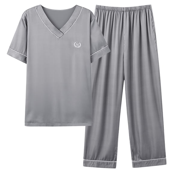 Eryao Men's Summer Pajamas Set 2 Piece V Neck Short Sleeve Shirts Matching Elastic Waist Pants Casual Sleepwear Lounge Set,Gray,XL
