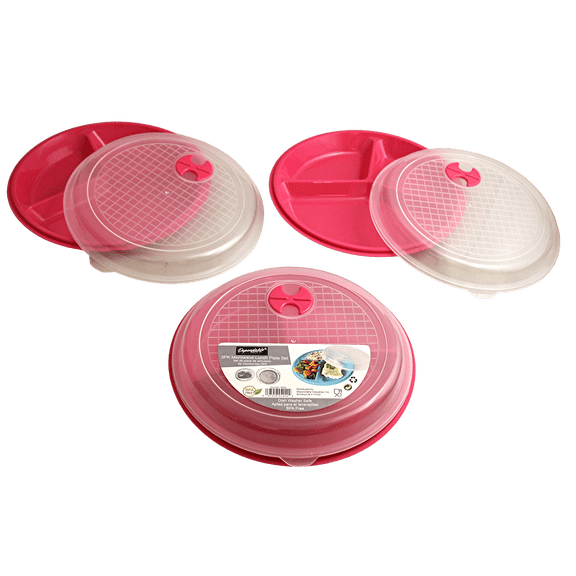 3-Pack Divided Microwave Plates with Vented Lids BPA-Free Pink