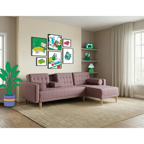 Sala Modular Reversible Makora Tyson Con Memory Foam, Color Palo De Rosa, Lino Respaldo Reclinable De 3 posiciones.