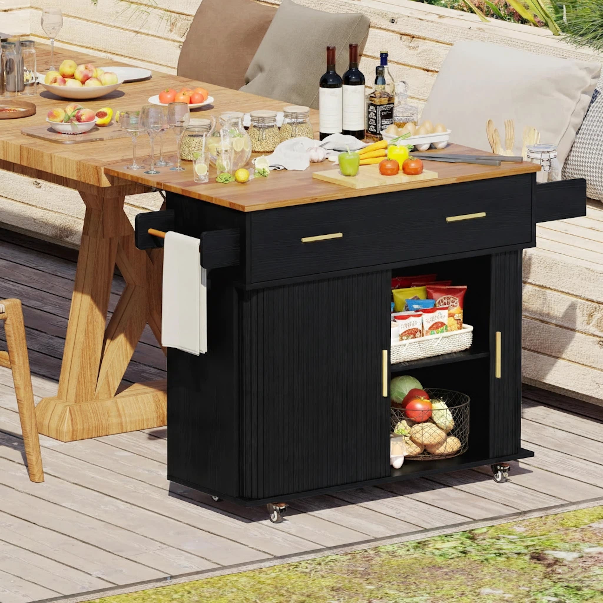 Aisword Rolling Kitchen Island with Drop Leaf Countertop, Mobile Kitchen Cart on Wheels, Sliding Door, Drawers, Spice Rack & 2-Tier Storage, Black