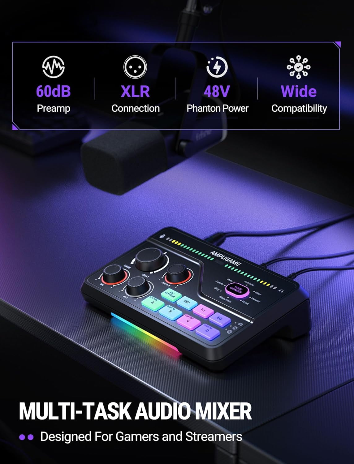 FIFINE WSC8 Gaming Audio Mixer for XLR Microphone, Game and Chat Mix Button with Software, 3 Channel Audio Interface for Volume Control, 48V Power