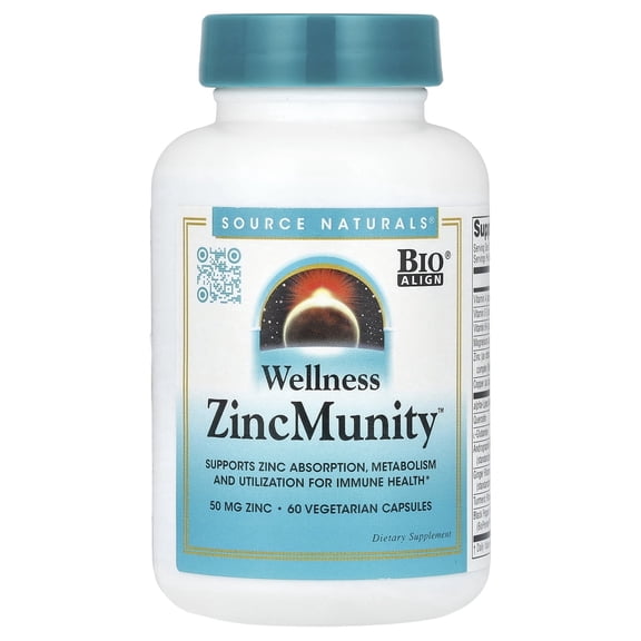 Source Naturals Wellness ZincMunity Supports Zinc Absorption, Metabolism, and Utilization for Immune Health* 50mg 60 Vegetarian Capsules