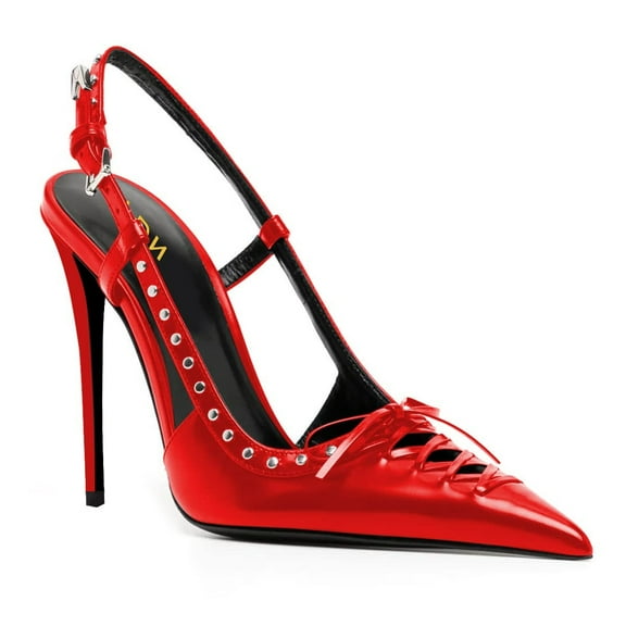 YDN Women Pointy Toe Cutout Slingback strap Buckle Pumps Bows Stiletto High Heels Studded Sandals Sexy Party Club Shoes Size 7 Red