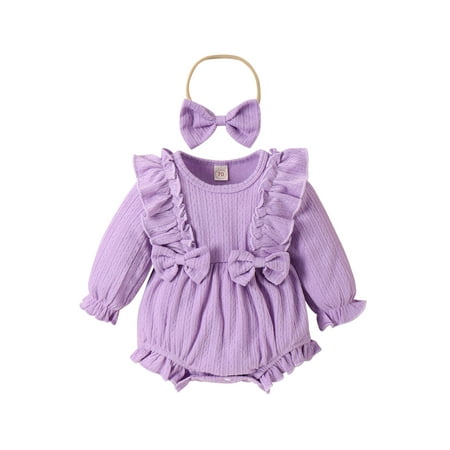 

Lieserram Infant Baby Girl Spring Fall Jumpsuit 0 6 12 18 24 Months Solid Color Long Sleeve Round Neck Bow Romper with Headband