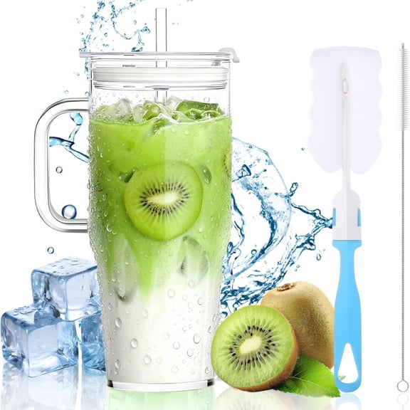 40OZ Borosilicate Glass Tumbler with Handle,Glass Cup with Lid and Straw- Iced Coffee Cup with Lid for Boba, Smoothies,,Juice|Suitable for Gifts,Travel,Outdoor,Partys&
