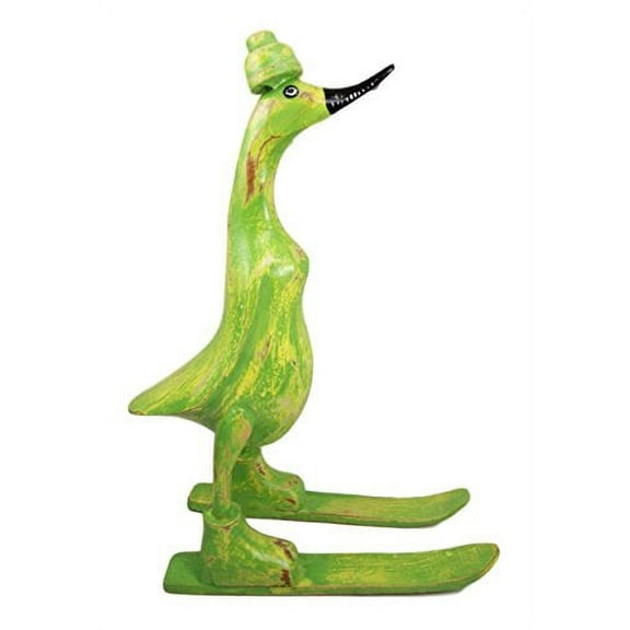 Balikraft Hand Made Wood Artisans "Bebek Angsa" Green Skiing Duck Decorative Figurine 14.5"H